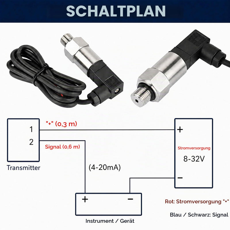 Stainless Steel Pressure Transducer, Pressure Sensor Silicon Pressure Transmitter Sensor Water Flow Sensor 4-20mA Output G1/4 Inch for Water Gas Oil (0-0.2 MPA) 0-0,2 MPA
