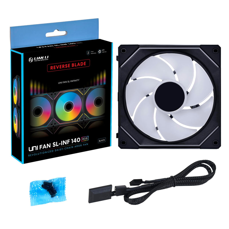 Lian Li UNI Fan SL-Infinity 140 Reverse Blade-Single Pack-ARGB Fan-Daisy-Chain Design-Infinity Mirror-Customizable Lighting Effects-Without Controller-Black-(14RSLIN1B) SLIN140-R Reverse Single Pack Black
