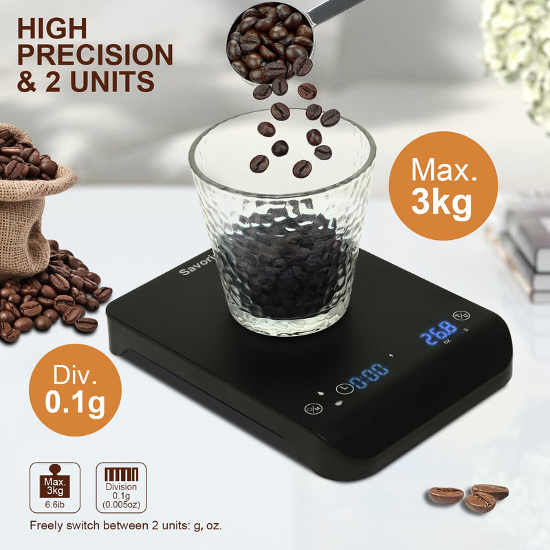 Coffee Scale with Timer,USB Rechargeable 1g/3kg High Precision Accurate Coffee Scale for Drip Espresso and Pour Over Coffee with Auto Tare,Touch Sensor and Silicone Cover (6.6 lbs/3 kg)