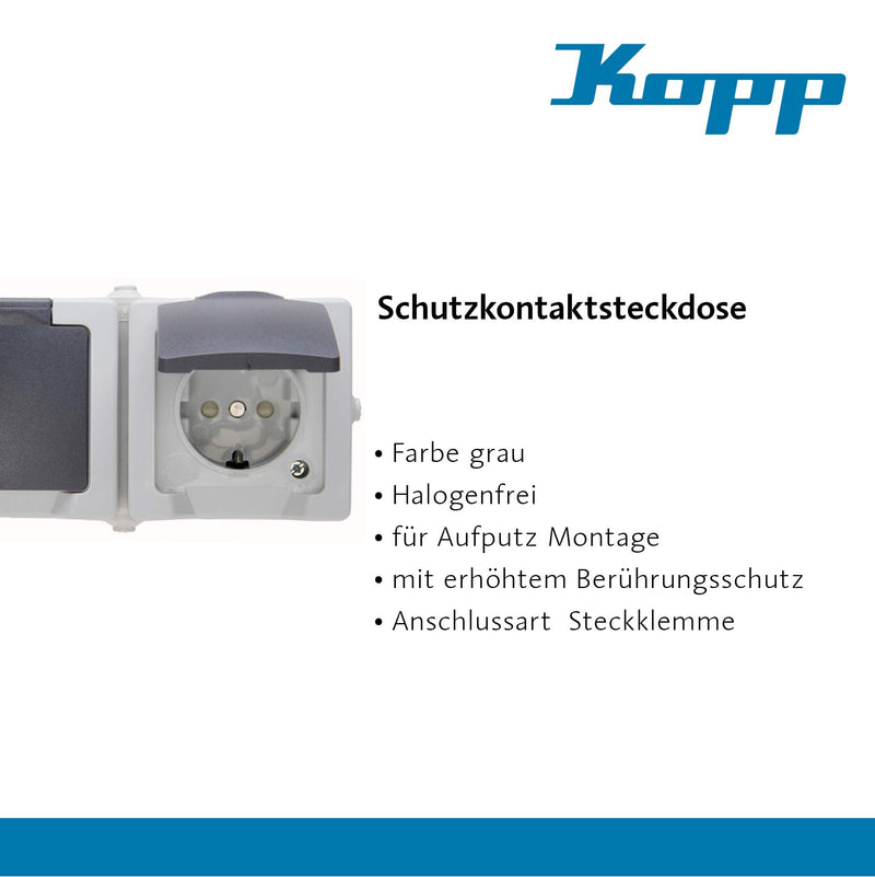 Kopp Nautic 2-way socket surface-mounted for wet rooms with hinged lid and contact protection I earthed contact socket 16 A / 250 V / IP44 I surface-mounted socket I gray - 137056002 socket 2-way horizontal