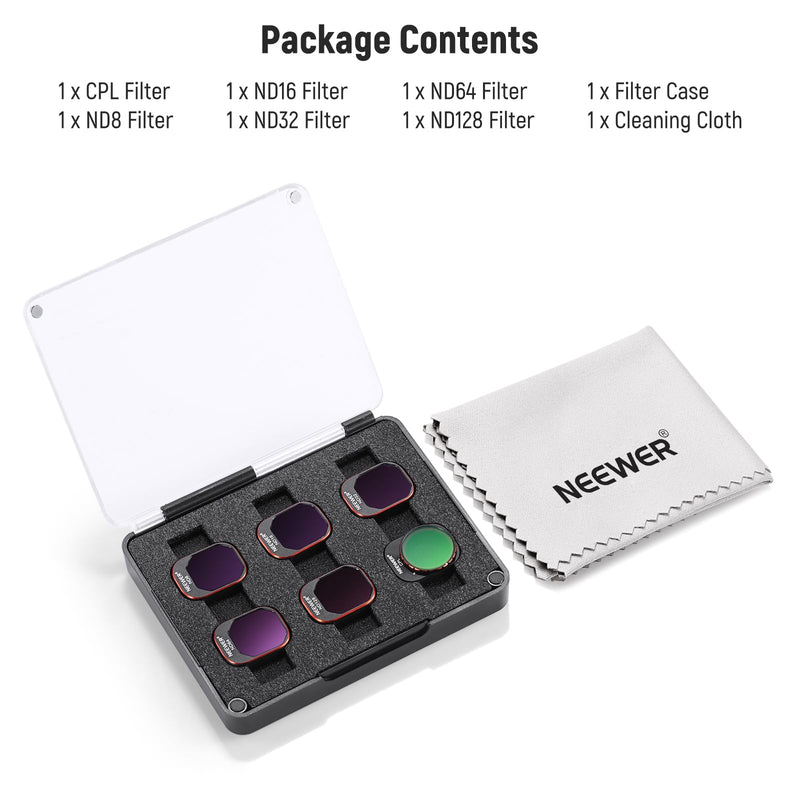 NEEWER Snap On ND&CPL Filter Set Compatible with DJI Mini 4 Pro, 6 Pack CPL Filter and Neutral Density Filters ND8 ND16 ND32 ND64 ND128 with Ultra Slim Frame Double Sided Coated HD Glass