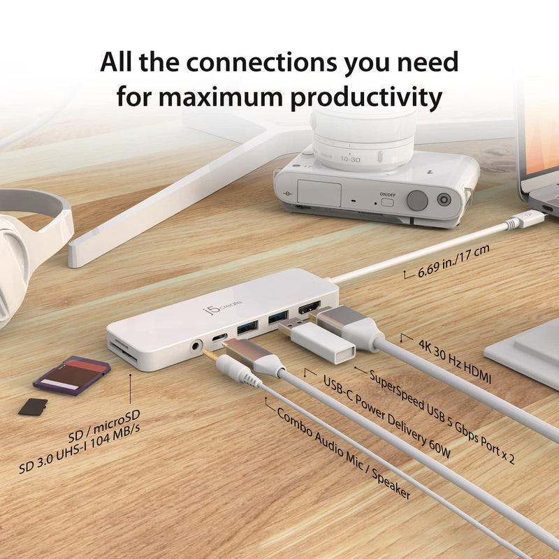 j5create USB-C Mini Hub - 4K HDMI, 2 x USB 3.1 5Gbps, microSD & SD Card Reader, 3.5mm Audio Jack, 60W PD Pass-Through Charging (JCD373)