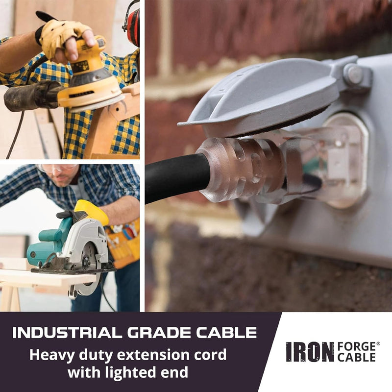 Iron Forge Cable Lighted Heavy Duty Extension Cord 6 ft - 10 Gauge Outdoor Extension Cord 15 AMP, 10/3 Black Power Cable SJTW Weatherproof with 3 Prong 6 Foot