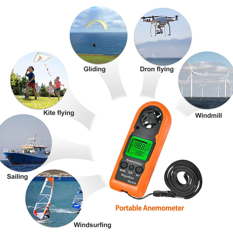 Handheld Wind Meter WapoRich RQ-818, Digital LCD Backlight Wind Speed Meter Mini Wind Meter for Measuring Wind Speed/Temperature Portable Wind Meter for Surfing RQ-818 Mini Wind Meter