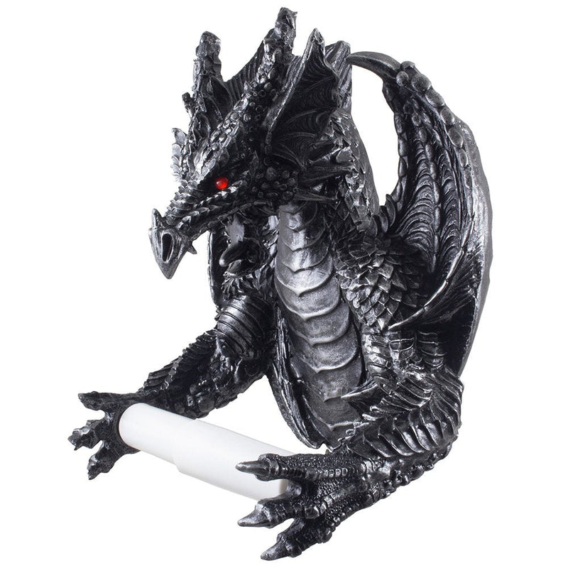 Mythical Winged Dragon Toilet Paper Holder in Metallic Look for Medieval and Gothic Home Decor Bathroom Accessories or Whimsical Fantasy Gifts