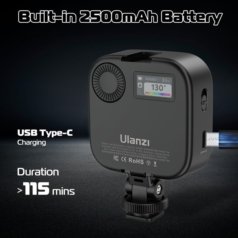 Ulanzi U60 RGB Video Light, Portable LED Camera Light with 360° Color CRI≥95 2500-9000K Dimmable Panel Lamp,2500mAh LED Panel Photography Lighting w Quick Release Cold Shoe Adapter and Clip-Black Black