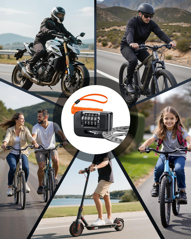 Onvian Motorcycle Locks Anti Theft, 4-Digit Code Motorcycle Disc Brake Lock High Security 7mm Pin & 5FT Reminder Cable, Waterproof Portable Motorcycle Helmet Lock