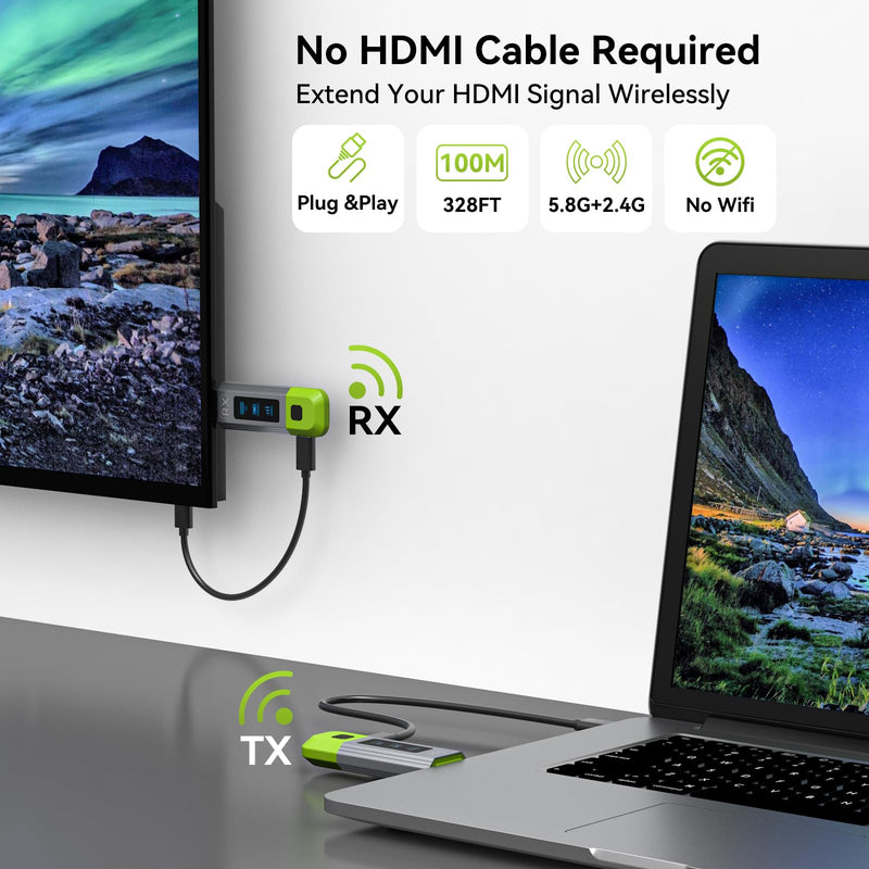 TJCXELE Wireless HDMI Transmitter and Receiver 328FT/100M Support 4K Decode 1080P@60Hz HD Video Output,Plug&Play 2.4G+5.8G Wireless HDMI Extender for Video and Audio to Monitor from PC/Projector/TVBox 1TX to 1RX Green