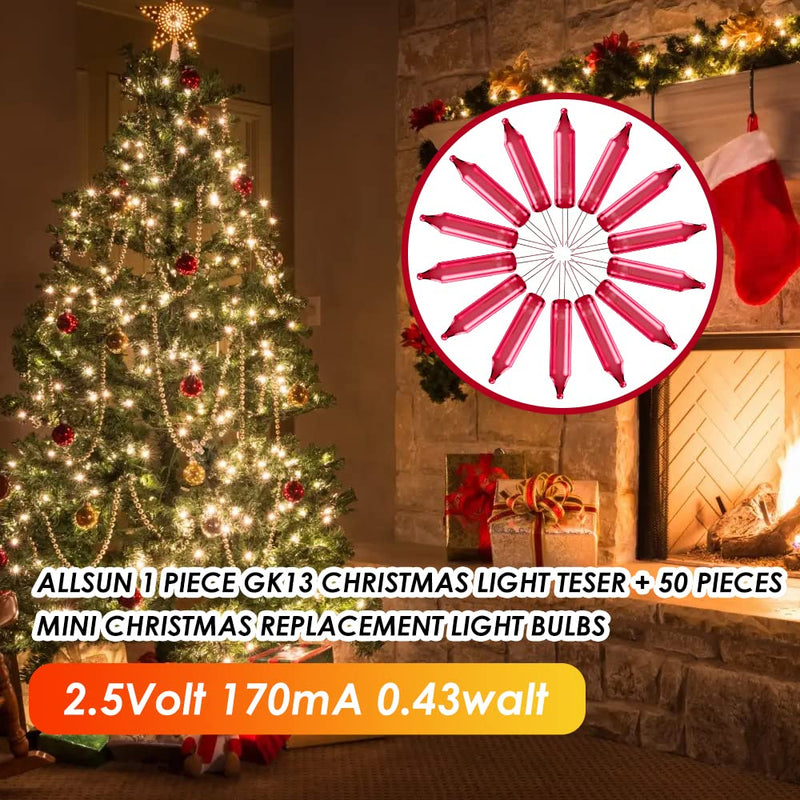 allsun Christmas Light Tester with 50pcs 2.5V Bulbs, Non-Contact Voltage Tester and Repair Tool, 12-600Vac Christmas Tree Light Tester for Holiday String Lights, Bulb and Fuse Checker Light Tester+50pcs Blubs, Christmas Light Repair Tools