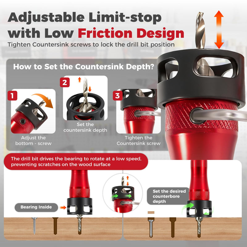 BURMONG 5-Piece Countersink Drill Bit Set with Bearing Depth Stop & Chamfer Tool, 1/4" Hex Shank Quick Change Bi-Directional Cutting Edges for Woodworking (with Adjustable Bearing Depth Stop) With Adjustable Bearing Depth Stop