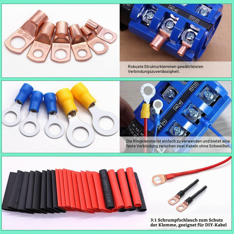 mxuteuk 130pcs Battery Cable End AWG 2 4 6 8 10 12 14 16 Specifications Copper Cable Connector, Ring Terminal Connector, Copper Ring Terminals with Heat Shrinkage 130PCS 10Size