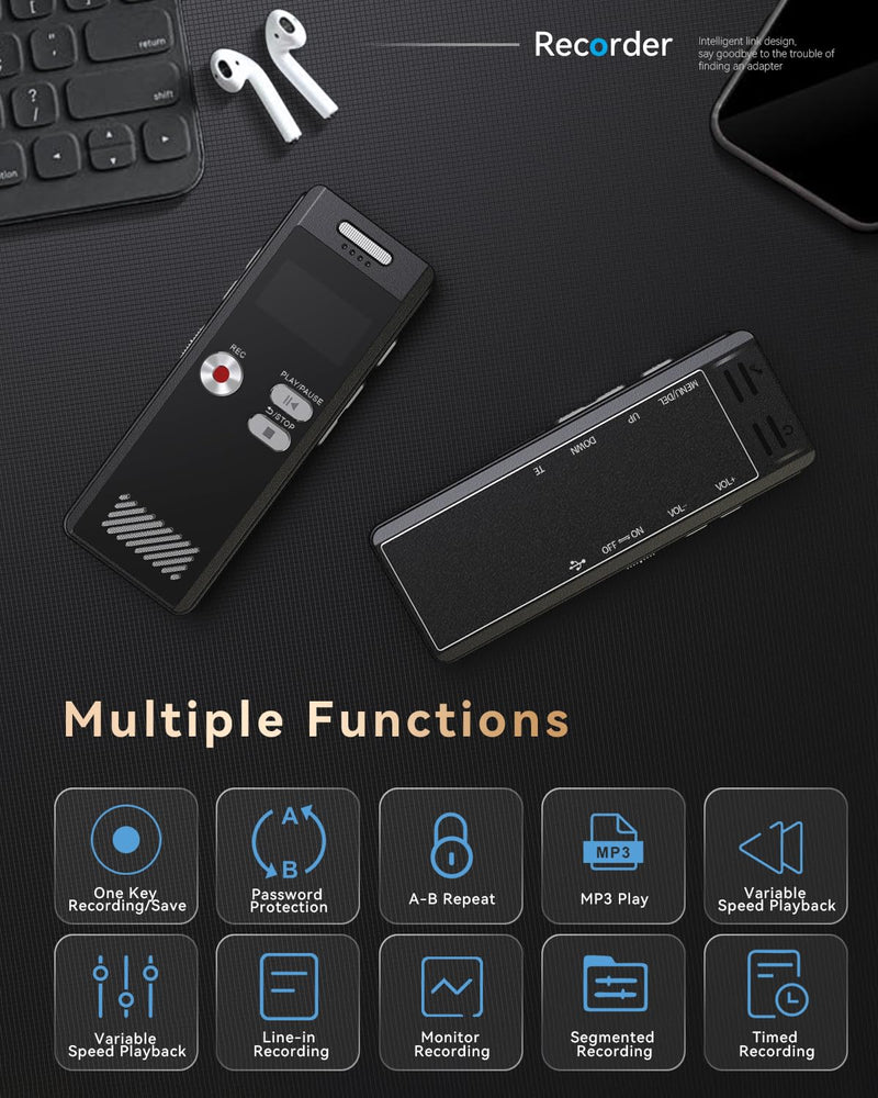 64GB Digital Voice Recorder,Voice Activated Recorder with Playback,Voice Recorder for Lectures,HD Dual Mic Tape Recording Device,Sound Audio Recorder with Line-in