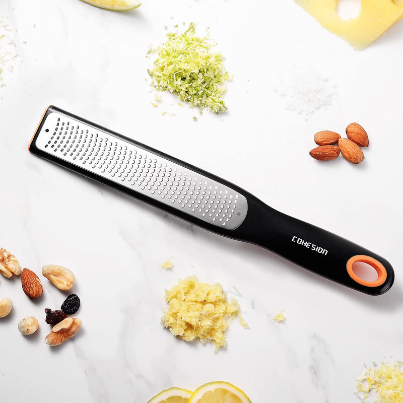 Cohesion Etched Zester & Grater Set of 2 - Kitchen Zester Tool for Lemon, Cheese, Garlic, Ginger, Nutmeg, Chocolate, Fruits, Vegetables - Sharp Premium Stainless Steel Blade with Protective Cover Fine and Coarse Set