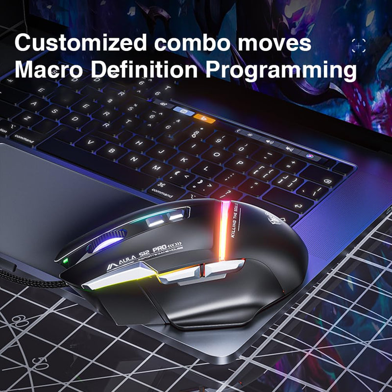 AULA S12Pro White Wired Gaming Mouse,12800 DPI Optical Gamer Mouse with RGB Backlit,8 Programmable Buttons,Software Supports DIY Keybinds Rapid Fire Button S12Pro-white