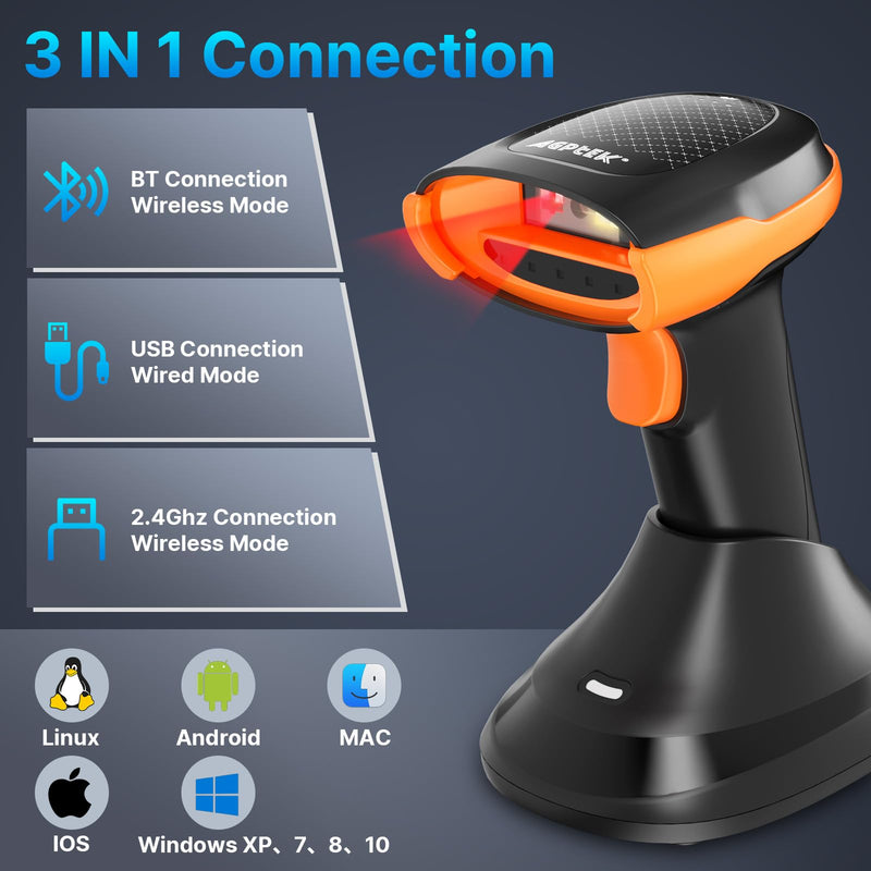 AGPTEK Bluetooth & 2.4GHz Wireless Barcode Scanner with Battery Indicator, Replaceable Battery, 2D/1D QR Code Reader, Wireless Charging Cradle, Ideal for Retail & Warehouse Use