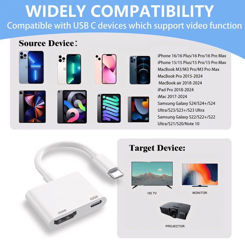 USB C to HDMI to iPhone 15 HDMI adapter to TV, 4K@60Hz USB C to HDMI Adapter with Charging Port, iPhone to HDMI to USB C Adapter Compatible for iPhone 16/15 Series/iPad Pro/Galaxy to HDTV Projector