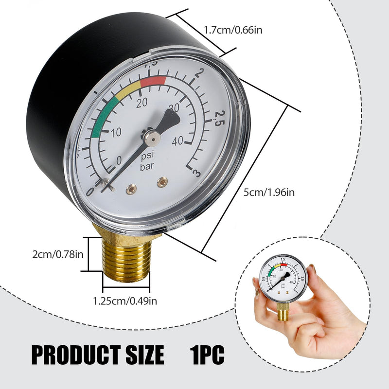 Pressure Gauge 0-3 Bar for Water, 1/4 Inch Connection, Precise Pressure Gauge for Pool Sand Filter System and Fish Pond, Water Pressure Gauge with Color Scale, Robust and Easy to Read