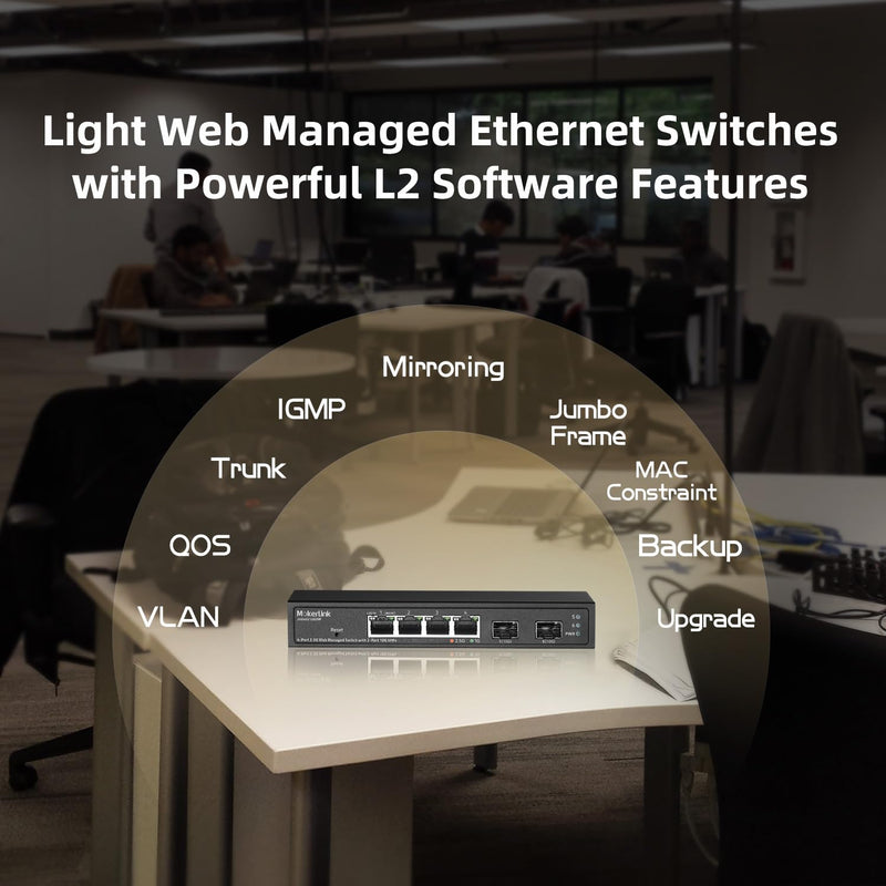MokerLink 4 Port 2.5G Managed Switch with 2 Port 10G SFP+ Slot, 4 x 2.5Gigabit Base-T Ports Compatible with 10/100/1000Mbps, Mini Size Metal Web Managed Fanless Network Switch 4x2.5G(Managed)