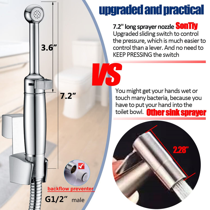 SonTiy Handheld Bidet Sprayer for Toilet, All Metal Cloth Diaper Toilet Sprayer Bidet Attachment with Backflow Preventer, Adjustable Water Jet Spray, 7.2" Brass Hand Held Bidet Wand, Chrome