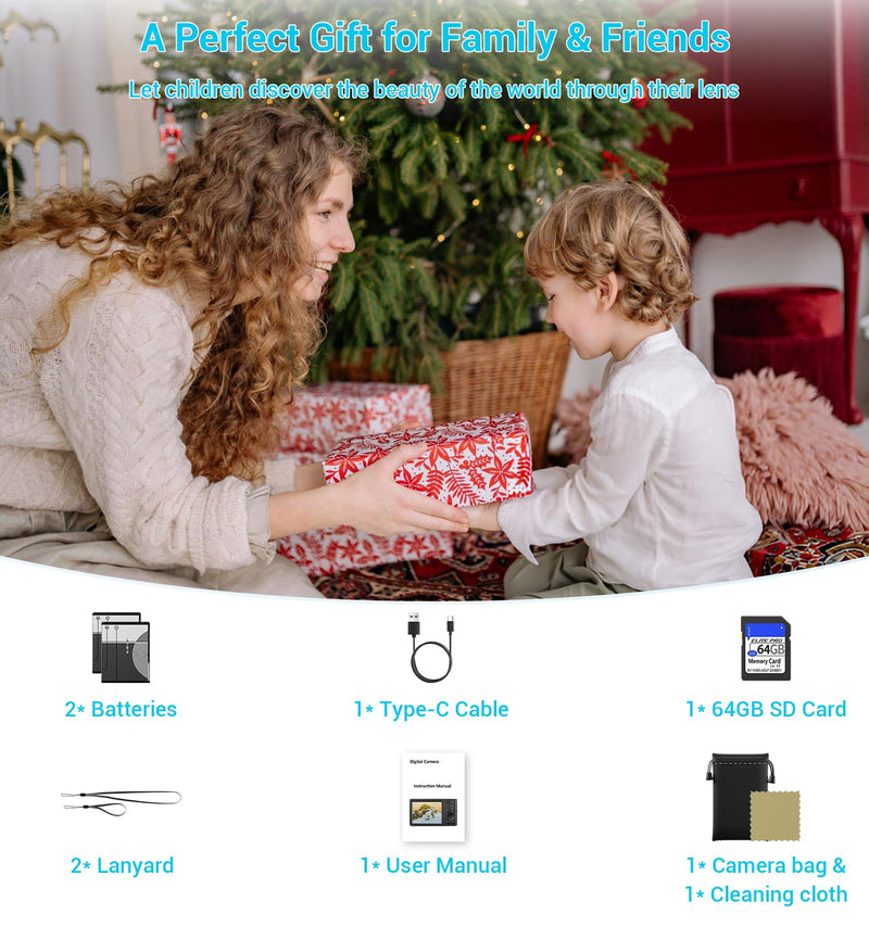 Digital Camera, FHD 4K 44MP Compact Cameras with 64GB SD Card 2 Batteries, 16X Autofocus Digital Zoom Point and Shoot Camera for Teens Kids Boys Girls