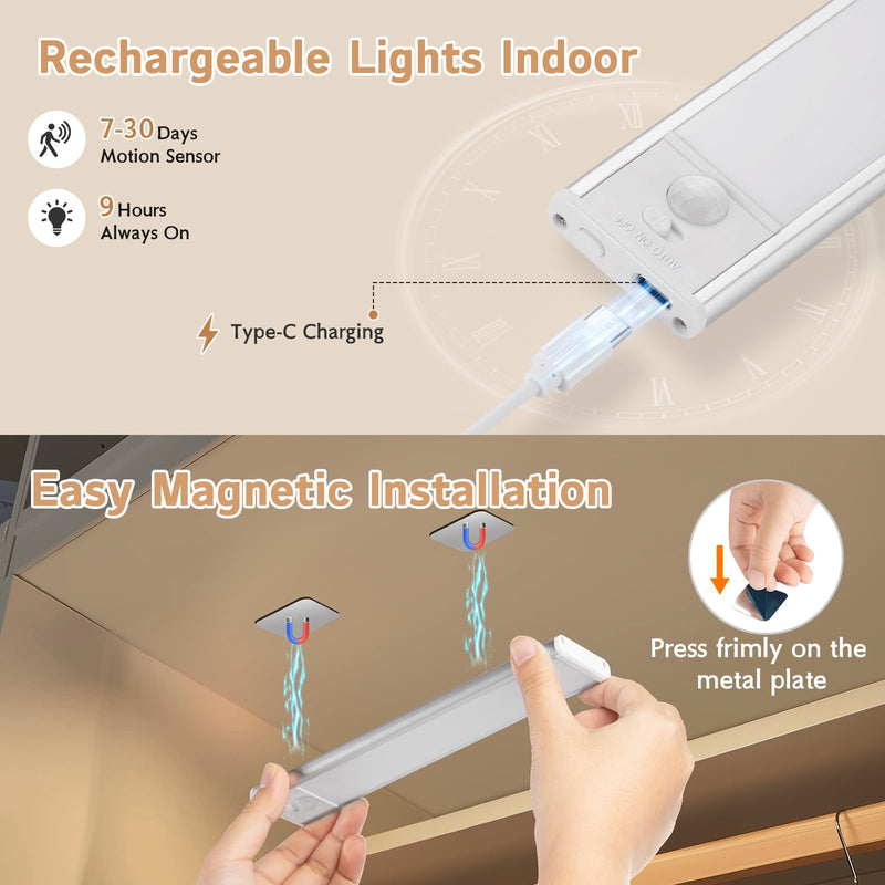 Under Cabinet Lighting Wireless, 4Pack Motion Sensor Light Indoor with 3 Color Temps, Dimmable Closet Lights Battery Operated, LED Magnetic Light, Rechargeable Under Counter Lights for Kitchen Stairs 12inch-4Pack