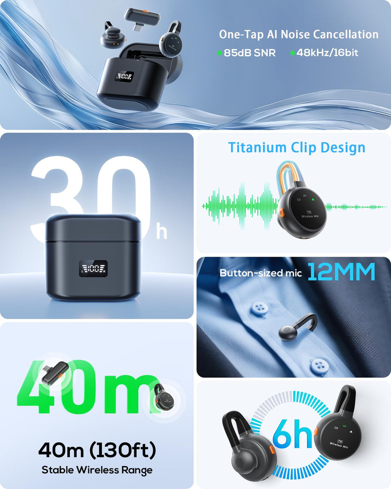 Wireless Lavalier Microphone for iPhone, iPad, Android - USB-C Plug Noise Cancelling Lapel Mini Mic with Charging Case, 30H Battery - Compact Clip-on Mic for YouTube, TikTok, Podcast, Video Recording Black