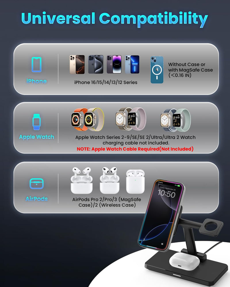 Wireless Charging Station for iPhone Mag-Safe: JoyGeek 3-in-1 Foldable Charger Phone Stand Charge for iPhone 16/15/14/13/12 Pro/Max/Plus - for AirPods - for Apple Watch 2-10/Ultra Carbon Black