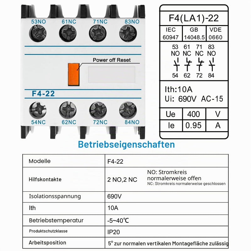 Heschen AC Contactor Auxiliary Contact Blocks F4-22 4 Pin 2NO 2NC Contacts Front Mount Screw Connector Fits CJX2 Series AC Contactors
