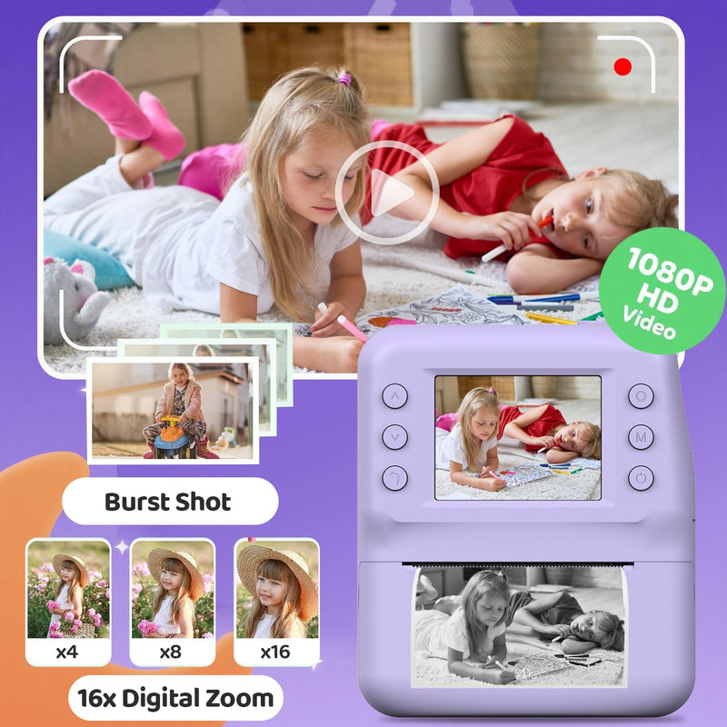 Kids Camera Instant Print, 1080P FHD Kids Digital Camera with 3 Rolls Print Paper, Toddler Portable Travel Cameras Toy, Christmas Birthday Gifts for 3 4 5 6 7 8 9 10 Year Old Boys Girls