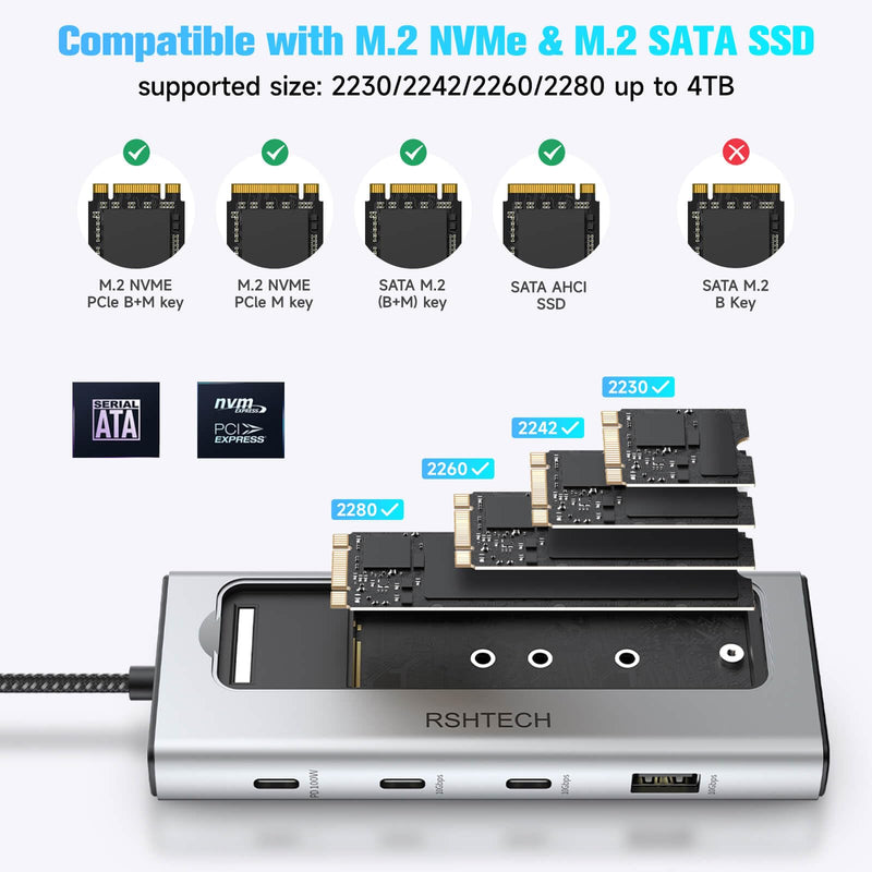 RSHTECH 5-in-1 USB C Hub with M.2 NVMe/SATA SSD Enclosure, 10Gbps USB Data Ports (1A + 2C) and 100W Power Delivery, Aluminum USB-C Dock Dongle for MacBook, Laptops and More RSH-D05P