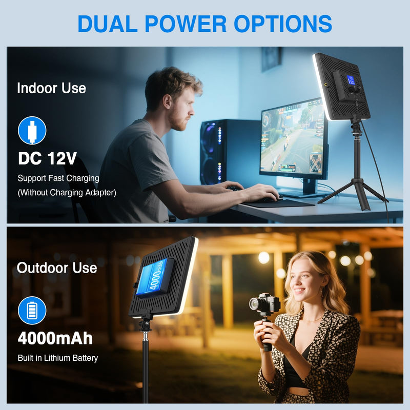 Led Video Light Panel Light with Extendable Tripod, 4000mAh Rechargeable Camera Lighting, 2500K-8500K Photo Light for Outdoor Indoor Photography Live Streaming Zoom Calls Video Recording