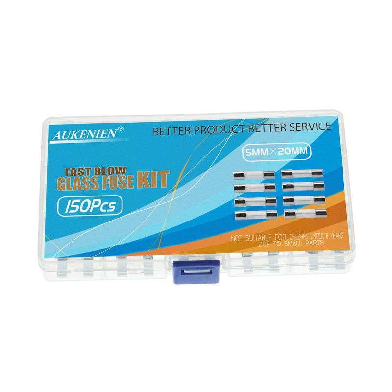 AUKENIEN 15 value 150 pieces 0.5A 1A 1.6A 2A 2.5A 3A 3.15A 4A 5A 6.3A 8A 10A 12A 15A 20A 250V fuses 5x20mm fuse glass fuse glass tube fuse fine fuse fast glass fuse kit 5x20 fuse "F"