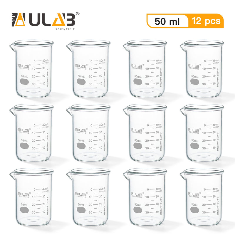 ULAB Scientific Glass Beakers Shot Glass, Vol. 50ml, 3.3 Borosilicate Griffin Low Form with Printed Graduation, Pack of 12, UBG1013 Vol.50ml,Pack of 12