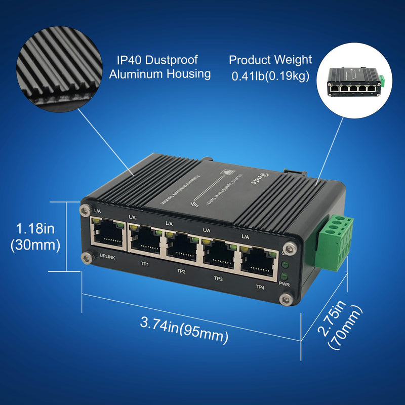 Mini Industrial Gigabit Ethernet Switch,Unmanaged Ethernet Network Hub Switch with 5 x RJ45 Port 10/100/1000T,12~48VDC,Support 802.3X Flow Control,Half/Full Duplex,Din-Rail/Wall Mount LNK-IMC005G