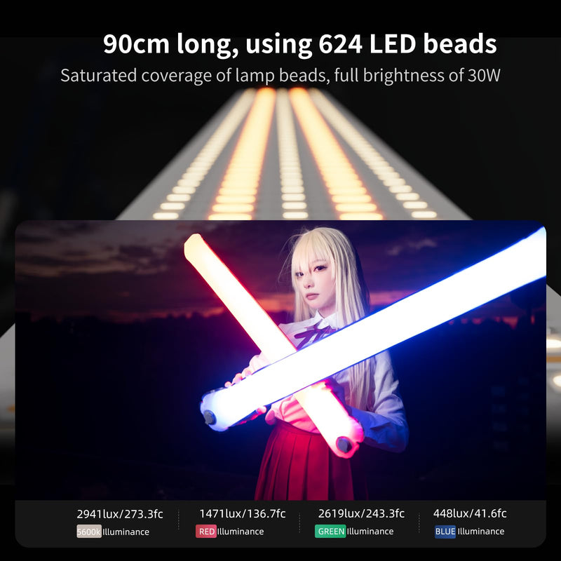 INKEE GC30 30W RGB Handheld LED Tube Light 35.5"/90cm Inflatable Video Light with Inflatable Ball & Magnetic Mount, 2000-10000K, CRI 95+, 5000mAh Battery, Waterproof for Photography & Studio Recording GC-RGB1