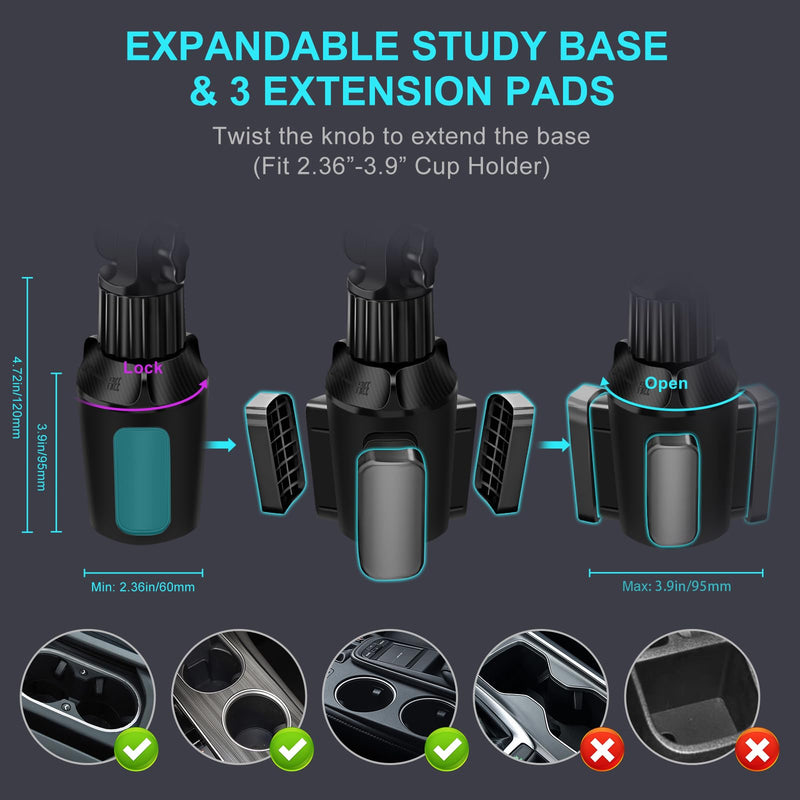 Cup Holder Car Tablet Mount for Truck, 360° Adjustable 15" Long 2-Arm Stand Holder for iPad Pro 12.9/11/10.5/9.7/Air/Mini 6/5/4, Samsung Galaxy Tab/Z Fold 6/5/4, iPhone 17/16/Pro, 4.7-12.9" Tab &Phone 15"