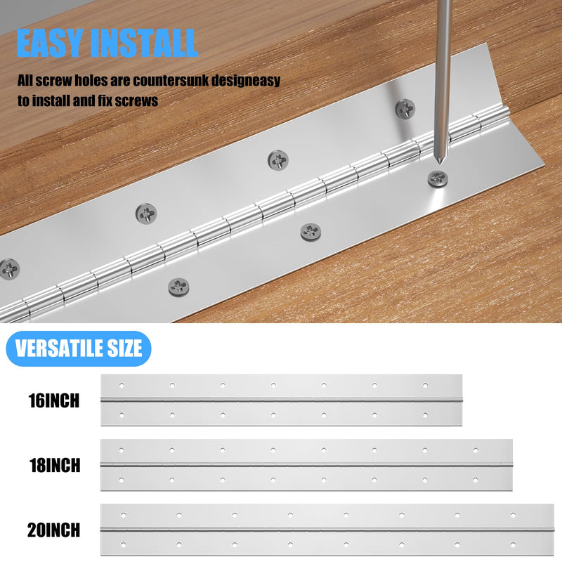 Heavy Duty Piano Hinge 20Inch x 2-1/2Inch, 2PCS 0.06" Thickness Stainless Steel Continuous & Piano Hinges for Wood Furniture Mailbox Tool Storage Boxes Cabinets Door Hinges-Silver Silver