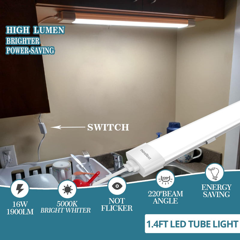 Plug-in Closet Light 17 Inch, 16W 1900LM 5000K Bright Under Cabinet Lights, Waterproof Linkable Utility LED Tube Lights for Ceiling, Mirror, Workbench, Kitchen (1.4 Foot-2Pcs) 1.4 Foot-2Pcs