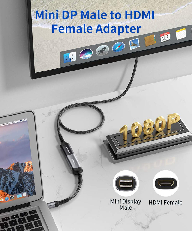 Mini DisplayPort to HDMI Adapter, JSAUX Mini DP (Thunderbolt) to HDMI Adapter Nylon Braided Aluminum Shell Compatible with MacBook Air/Pro, Microsoft Surface Pro/Dock, Monitor, Projector and More-Grey Grey