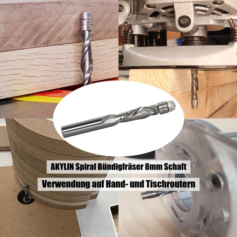 AKYLIN spiral flush cutter 8 mm shank, up & down compression cut spiral cutter for router, 8 mm cutting diameter, 28.6 mm cutting length spiral grooved double ball bearing wood cutter 8 x 8 x 28.6 mm up & down cut