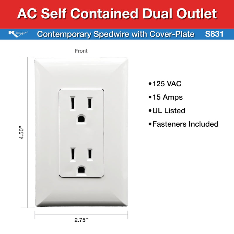 RV Designer S831, AC Contemporary Dual Outlet, Self Contained, Speedwire With Cover-Plate, White