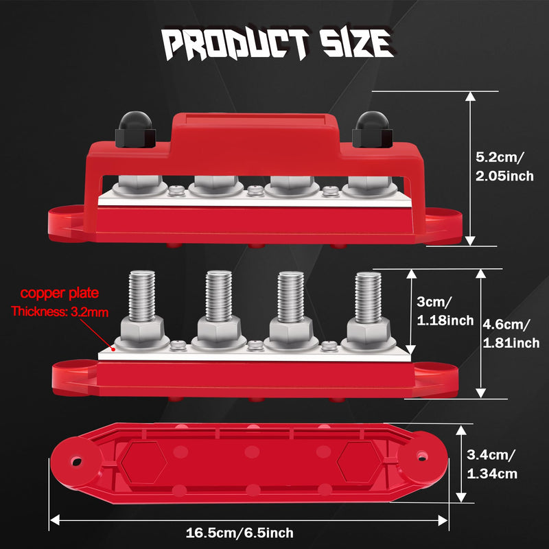 250A Bus Bar 12V Marine 4 x 3/8" (M10) Terminal Studs,3 x #8 (M4) Screw Terminal 12V-48V Power Distribution Block with Cover,Battery Bus Bar for Boat Automotive Car and Solar Wiring Type B