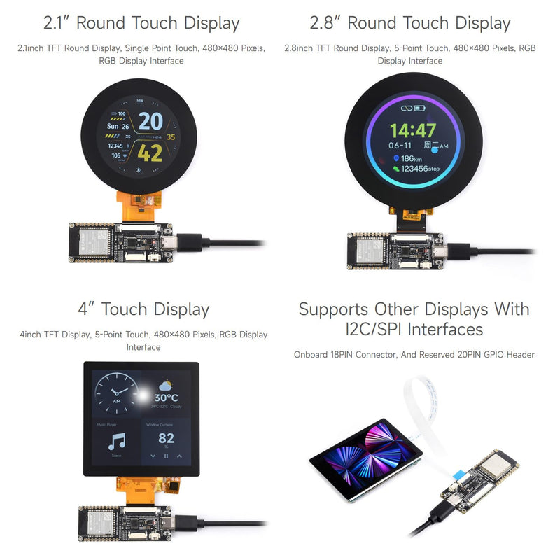 Waveshare ESP32-S3 RGB LCD Driver Board, Equipped with 32-Bit 240MHz LX7 Dual-Core Processor, 8MB PSRAM and Flash, WiFi & Bluetooth Support, Comes with a 2.1inch RGB Round Touch Display