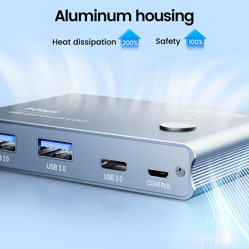 USB 3.0 Switch 2 in 4 Out with Desktop Controller, Aluminum USB Switch for 2 Computers with 1xUSB C Port and 3xUSB A Ports, 2 USB A to A Cables for Mouse, Keyboard, Printer, Webcam, U-Disk