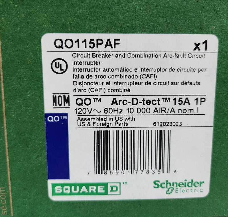Square D QO115PAF (New Version of QO115PCAFI) 15-Amp Single-Pole Plug-On Neutral CAFCI Circuit Breaker