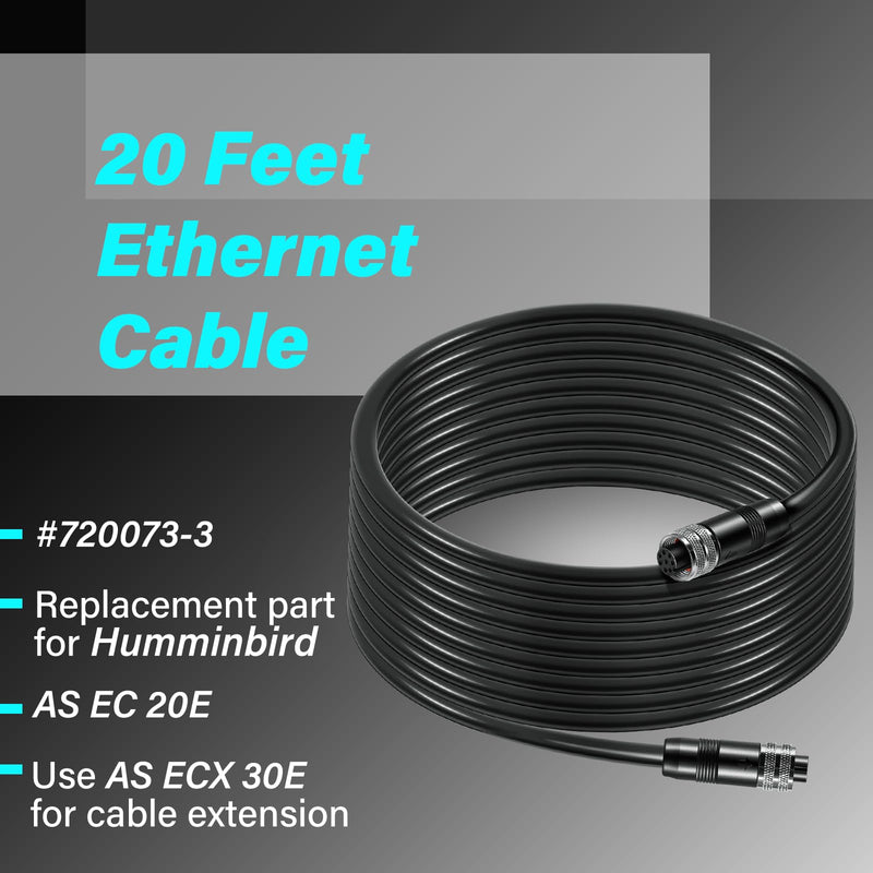 720073-3 20 Feet Ethernet Cable AS EC 20E Replacement Part for Humminbird Black Fit for Helix, APEX, SOLIX and Onix Models