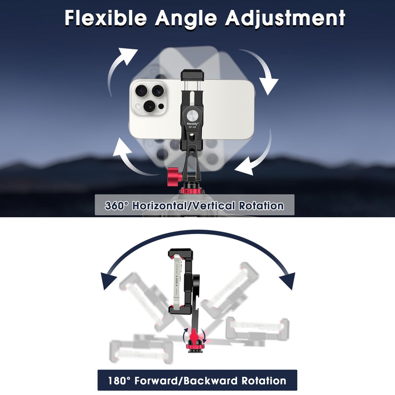 Manbily Phone Tripod Mount, Metal Smartphone Mount Adapter Camera Hot Shoe Mount, 360° Swivel 180° Flip Adjustable Phone Holder for Microphone LED Light（SP-09