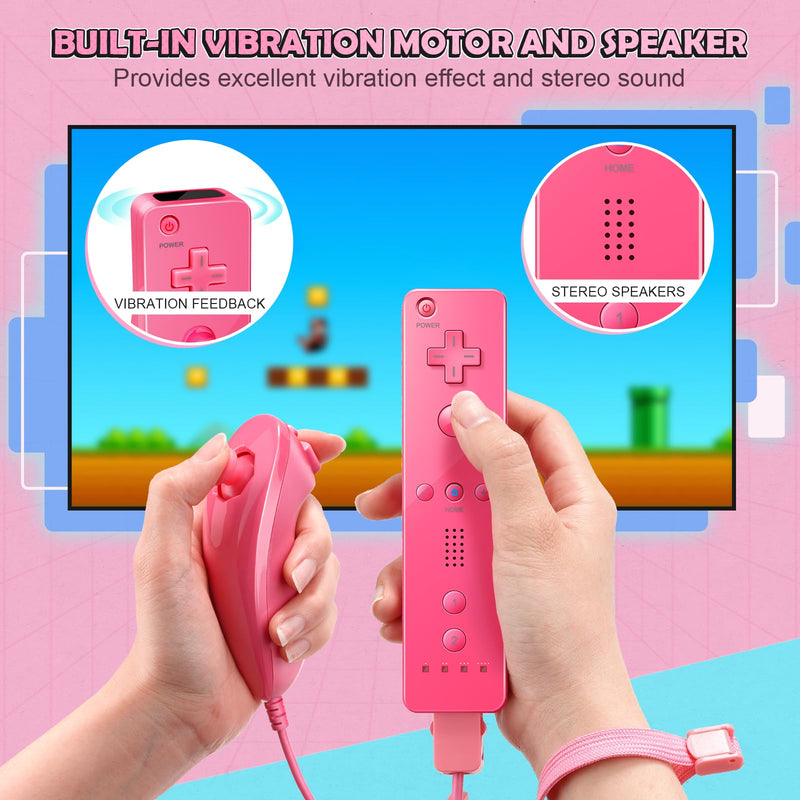 PGYFDAL Wii Controller 2 Pack, Wii Remote Controller and Nunchuck Joystick with Silicone Case and Wrist Strap for Holiday (Black and Pink) Black and Pink