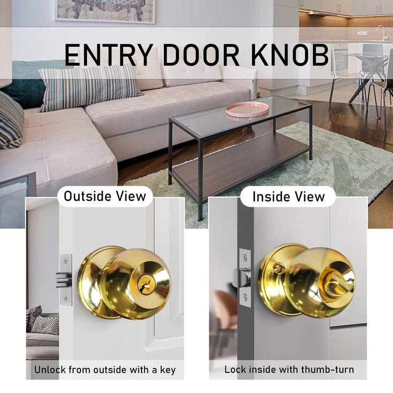 2 Pack Gold Door Knobs with Lock and Keys, Interior and Exterior Door Lock, Standard Ball Door Locks for Bedrooms/Bathroom 2 Pack