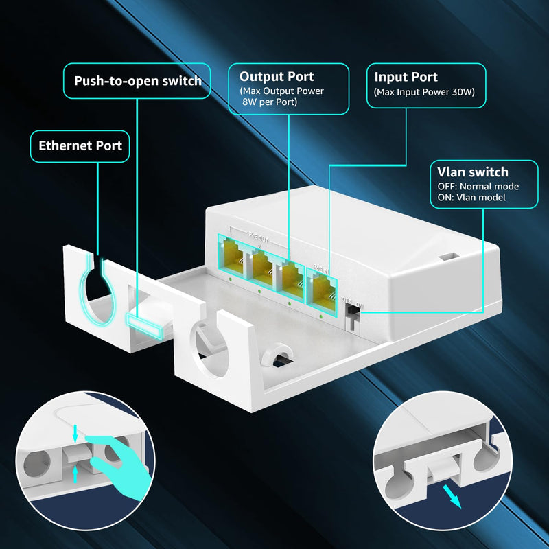 YuanLey Outdoor Gigabit PoE Extender 1 in 3 Out, 802.3af/at 4 Port PoE Repeater IP66 Waterproof, Vlan, Extend Additional 100m(328ft) of Power and Data Transmission, Wall Mount Plug and Play 4 Port | 3*PoE+ Out（1000Mbps Outdoor)